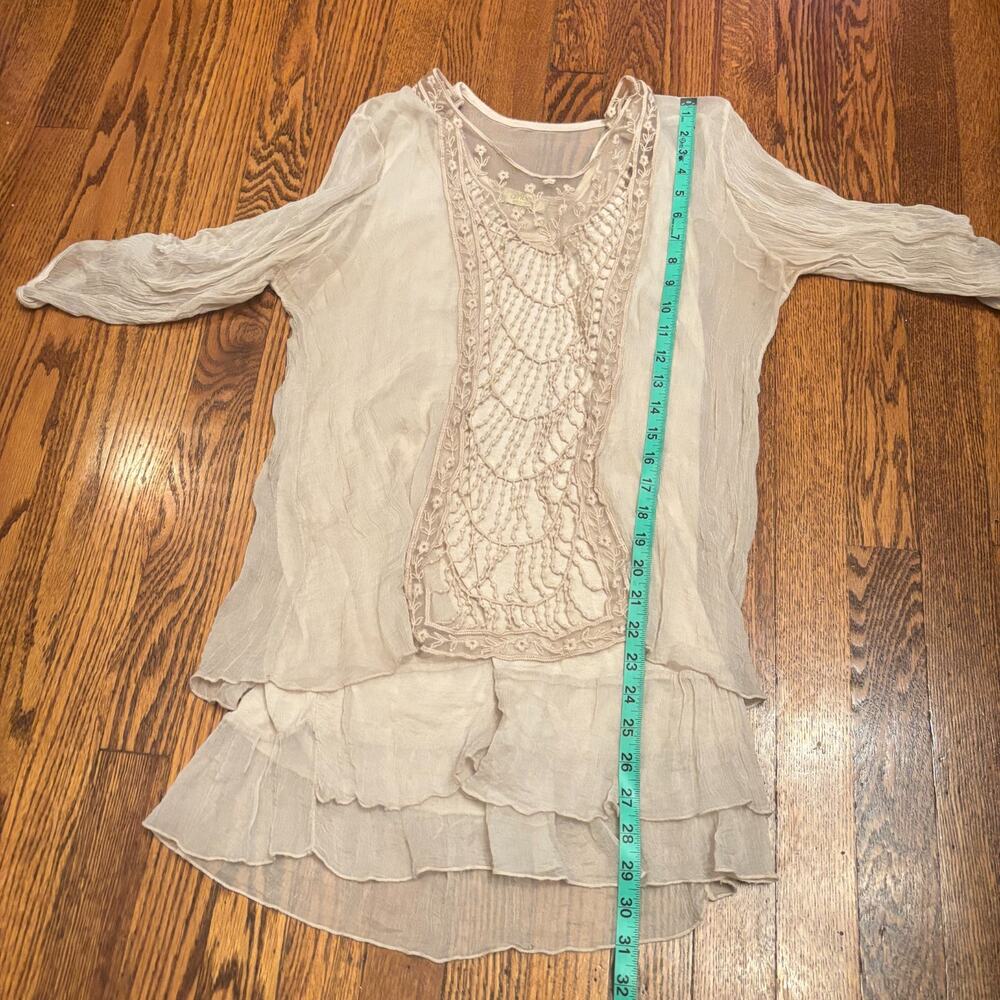 Y2K 100% Silk Embroidered Crochet Layer Tunic Cream Boho Italian Made Medium - Picture 3 of 10